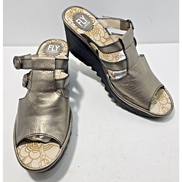Fly London Yawe Wedge Slide Platform Sandals Metallic Sz 40 - Picture 1 of 10